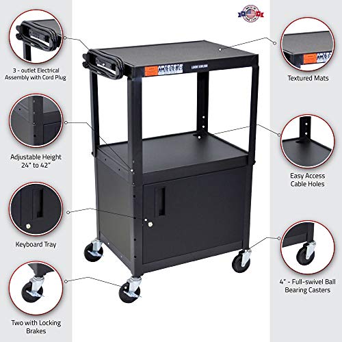 Luxor Adjustable Height Steel A/V Utility Cart with Cabinet - Black