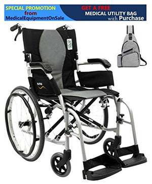 Karman Healthcare ErgoFlight Ultra Lightweight Wheelchair - Swing Away Footrest - 18"W X 17"D Seat - Silver Frame - Free Medical Utility Bag Grey