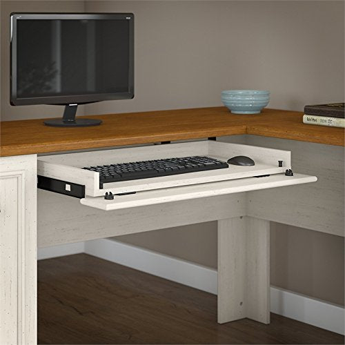 Bush Furniture Fairview 60W L Shaped Desk and Storage Cabinet with Drawer in Antique White and Tea Maple