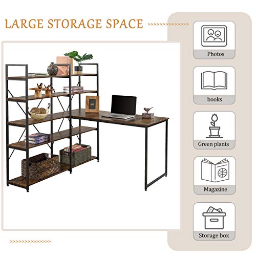 Merax 54" Large Computer 5-Tier Shelves, Office Study Table with Bookcase, Writing Hutch Desk, Brown