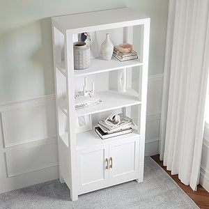 Martha Stewart Four Tier Shaker Bookcase with Storage Cabinet in White - Polished Brass Hardware