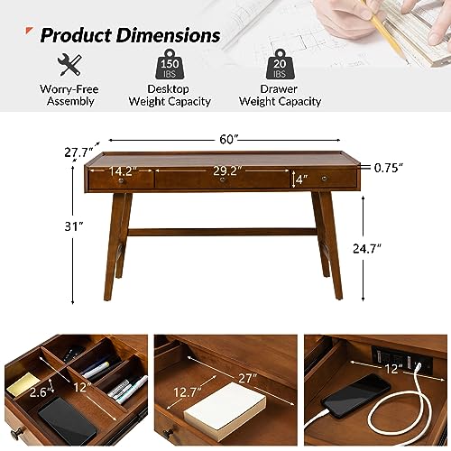 HULALA HOME Home Office Desk with 3 Drawers, Solid Wood Legs, Charging Station, Cable Management - Mid Century Modern Writing Table - Walnut