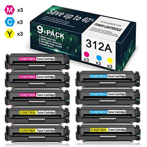 9-Pack (3C+3Y+3M) 312A | CF381A CF382A CF383A Compatible Remanufactured Toner Cartridge Replacement for HP Color Laserjet Pro MFP M476dw M476dn M476nw Printer, Toner Cartridge.