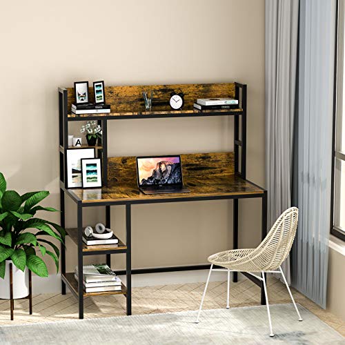 Bizzoelife Computer Writing Desk with Hutch and Bookshelf, Home Office Study Table & 2 Tier Storage Shelves Combo, 47inches Sturdy Wooden Vanity Desk for Kids and Student, Easy Assembly, Retro Brown