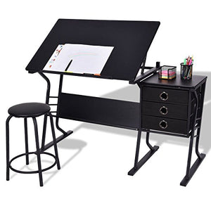 Black Adjustable Drafting Table w/Stool & Side Drawers - by Choice Products