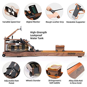 Water Rowing Machine for Home Use, Real Solid Wood Water Rower Machine with Bluetooth LCD Monitor, Compatible with Fitness App, Black Walnut