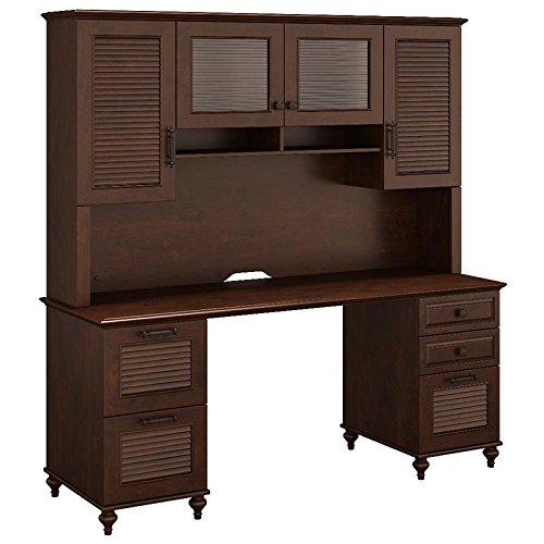 kathy ireland Home by Bush Furniture Volcano Dusk Double Pedestal Desk with Hutch in Coastal Cherry