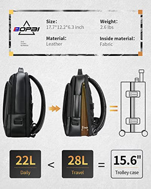 BOPAI Genuine Leather Backpack for Men Multi-Function Backpack 15.6 inch Business Laptop Backpack Travel Smart Rucksack with USB Charging Anti Theft Backpack Office Black …