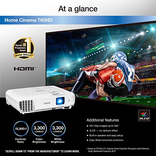 Epson Home Cinema 760HD 3,300 lumens color brightness (color light output) 3,300 lumens white brightness (white light output) HDMI built-in speakers 3LCD projector