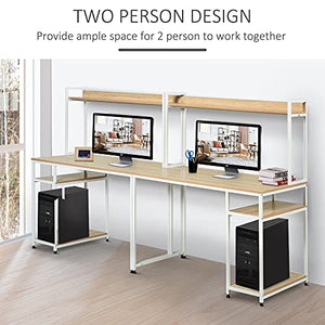 HOMCOM Industrial Double Computer Desk with Hutch and Storage Shelves, Extra Long Home Office Writing Table 2 Person Workstation, CPU Stand, Oak Wood Grain