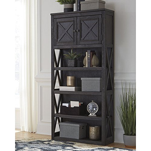 Ashley Furniture Signature Design - Tyler Creek Large Bookcase - Casual - 3 Shelves/1 Cabinet - Grayish Brown/Black Finish - Antiqued Bronze Hardware