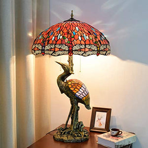 Xiaochen Antique Tiffany Style 20" Male Bird Desk Lamp - Red Dragonfly Glass Lampshade for Living Room Study Bedroom