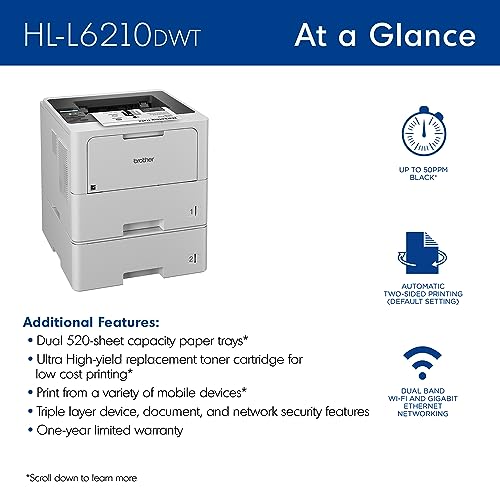 Brother HL-L6210DWT Monochrome Laser Printer with Dual Paper Trays