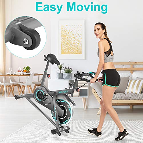 ANCHEER Exercise Bike,49Lbs Indoor Cycling Bike with Unlimited resistance，Belt Drive Stationary Bike with LCD Monitor,Phone & Water Holder for Home Gym Cardio Workout Bike Training