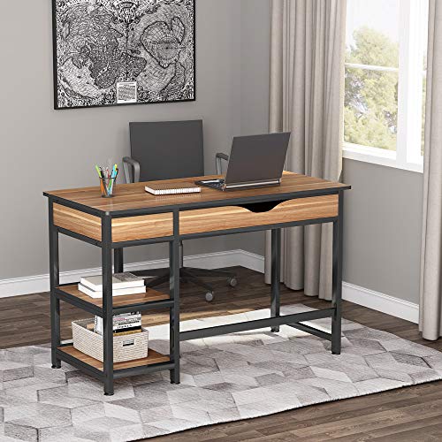 Lift Top Desk with Drawers, 47 inch Computer Desk with Shelves, Height Adjustable Standing Desk with Monitor Riser, Study Table Writing Desk for Home Office (Oak)