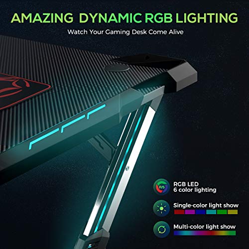 EUREKA ERGONOMIC Gaming Desk with RGB Lighting Gaming Table 44.5'' PC Desk Easy to Assemble Computer Desk with Free Mouse pad, Cup Holder& Headphone Hook for Men Boy/Girlfriend Son/Daughter Black