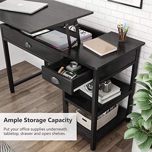 Tribesigns Modern Lift Top Computer Desk with Drawers, 47 inch Writing Desk Study Table Workstation with Storage Shelves, Height Adjustable Standing Desk for Home Office, Small Spaces(Black)