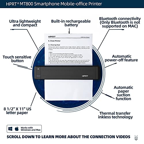 HPRT MT800 Portable A4 Thermal Printer - Support 216mm Width a4 Paper Available for Outdoors Printing Home Office Travel Students and Cars,Suitable for Mobile Office with Paper
