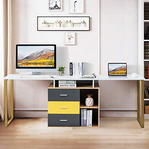 Tangkula 87 inch 2-Person Desk Double Computer Desk, Multifunction L-Shaped Desk w/ 3 Storage Drawers & 2-Tier Shelves, Writing Desk Computer Workstation with Spacious Desktop, Home Office Desk