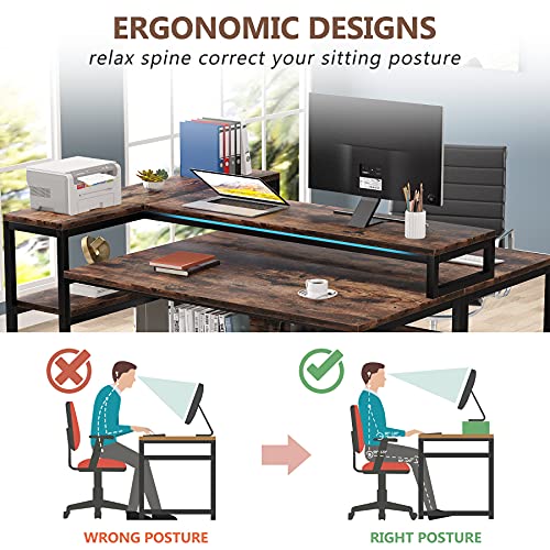 Tribesigns Two Person Desk Double Workstation with Bookshelf,47 x 59 Extra Large Face to Face 2 Person Computer Desk with Monitor Stand Shelf & Storage Shelves, Office Study Table,Rustic & Black