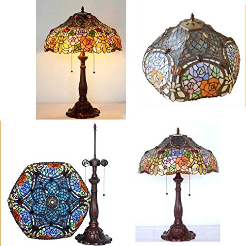 Yd&h Tiffany Style Table Lamp, 18-inch Hexagram Rose Design Desk Light, Bedroom Stained Glass Bedside Light Living Room Study Bar