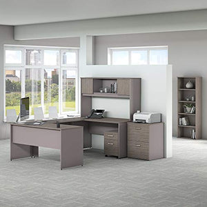 Bush Furniture Commerce 60W U Shaped Desk with Hutch, File Cabinets and Bookcase in Cocoa and Pewter