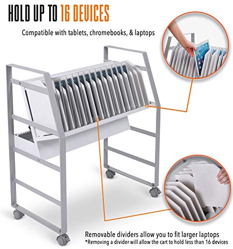 Line Leader 16 Unit Mobile Charging & Storage Cart | Open Charging Cart Holds Tablets, Laptops & Chromebooks | Includes 16-Outlet Power Strip with Surge Protection | Ideal for School & Library (White)