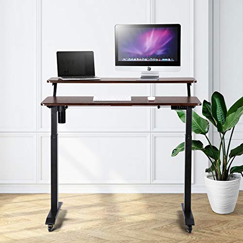 UNICOO - Electric Height Adjustable Standing Desk, Electric Standing Workstation Home Office Sit Stand Up Desk with 4 Pre-Set Memory Led Display Controller (Mahogany Top/Black Legs - Electric-2 Tier)