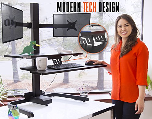 Stand Steady Techtonic Electric 2 Arm Monitor Mount Standing Desk | Large Spacious Stand Up Desk | Easy Sit to Stand with The Push of a Button - Quiet! | 3 Levels to Maximize Your Space!