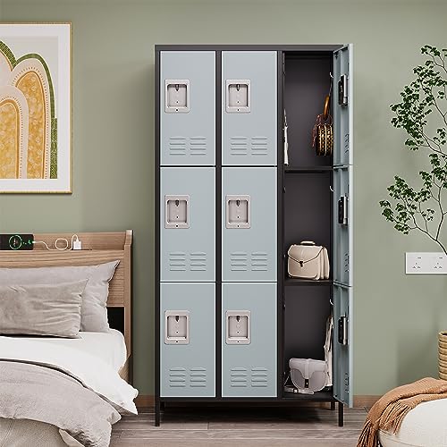 Anxxsu 9-Door Metal Storage Locker with Hooks, 71" Cabinet for Employees, Home, Office, Gym - Black Grey