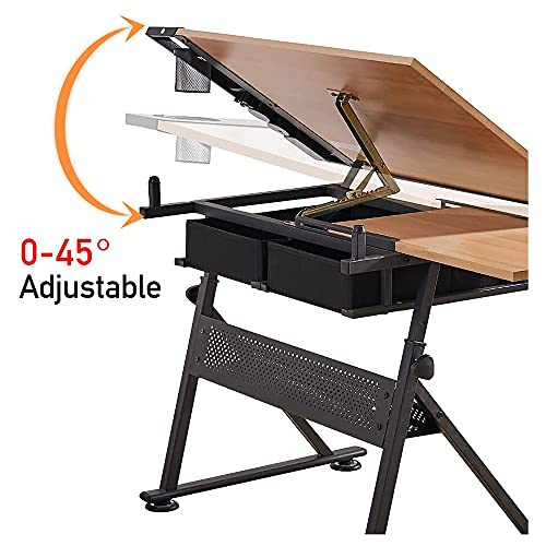 Adjustable Drawing Table with Tiltable Tabletop, 2 Drawers, and Stool