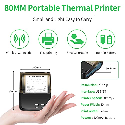 80mm Bluetooth Thermal Receipt Printers, Mobile Portable Printer,impresora térmica ESC/POS Printer, with Android/Windows Devices for Office and Small Business (80mm Black Receipt Printers)