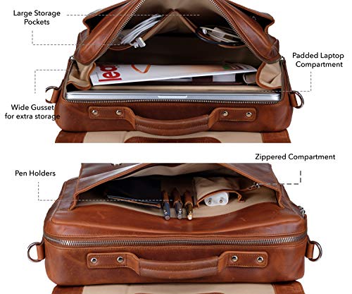 Mens Leather Messenger Bag, Briefcase, LOGAN, Leather Laptop bag fits 15.4 inch Laptop, Adjustable Strap, 16 inch by 12 inch by 4 inch (Tan) by Ladderback