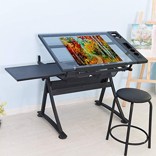 Lgan Tiltable Drawing Table, Adjustable Art Desk, with Storage Craft Table, Drafting Table Glass Panel, Child Adult Drawing Desk