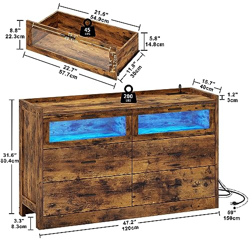 LIKIMIO 47" 6 Drawer Glass Dresser with LED, Power Strip, and Storage Cabinet - Rustic Brown