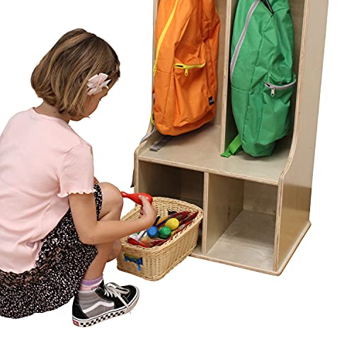 FDP Birch 2-Section Coat Locker with Bench, Storage Cubbies and Coat Hooks; Durable, Sturdy Furniture for Home, Daycare, Preschool, Classroom; Store Backpacks, Jackets, Shoes - Natural, 13138-NT