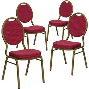 BizChair 4 Pack Teardrop Back Stacking Banquet Chairs - Burgundy Pattern Fabric, Gold Frame