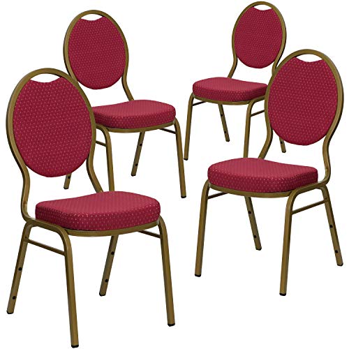 BizChair 4 Pack Teardrop Back Stacking Banquet Chairs - Burgundy Pattern Fabric, Gold Frame