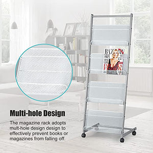 JacCos Rolling Literature Magazine Rack Organizer with Wheels - Silver Floor-Standing Commercial Storage Shelf