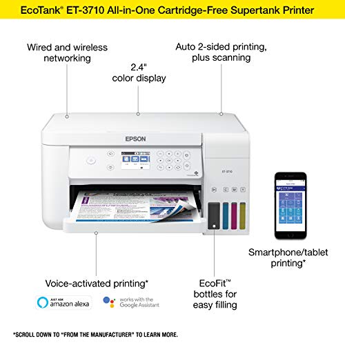 Epson EcoTank ET-3710 Wireless Color All-in-One Cartridge-Free Supertank Printer with Scanner, Copier and Ethernet, Compatible with Alexa (Renewed)