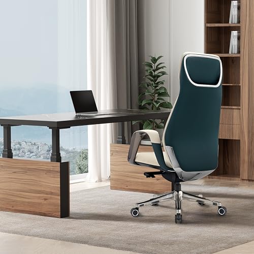 EUREKA ERGONOMIC Genuine Leather High Back Office Chair with Arms & Aluminum Base, Beige