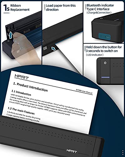 HPRT MT800 Portable Thermal Transfer Printer for Travel 300dpi High Resolution Wireless Printer for Android and iOS Phone Compatible with Windows Linux and MAC Convenient for Home Studying