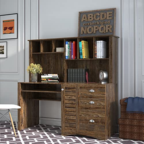 Generic Home Office Computer Desk with Hutch, Antiqued Paint Finish