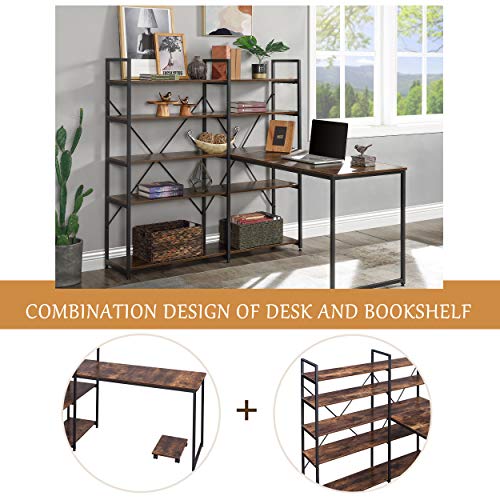 Merax 54" Large Computer 5-Tier Shelves, Office Study Table with Bookcase, Writing Hutch Desk, Brown