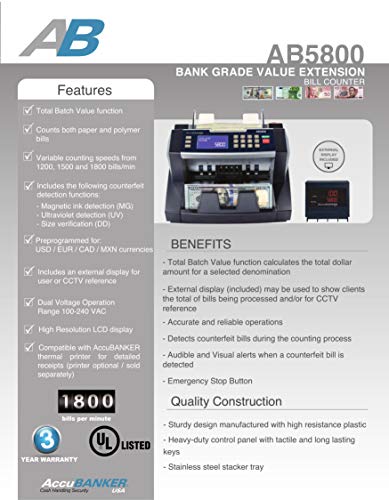 AccuBANKER Bank Grade Batch Value Bill Counter AB5800 Money Counter Machine with Total Value Per Denomination Hopper Capacity 300 Bills & Counterfeit Detector MG + UV (AB5800)