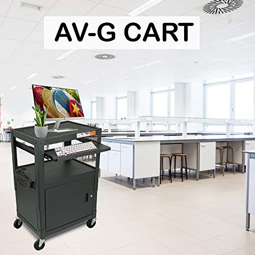 POCHAR Height Adjustable Steel Frame AV Cart with Keyboard Tray, Locking Cabinet, and 5ft 9in Power Strip