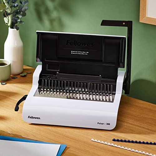 Fellowes Pulsar+ 22-Hole Binding Machine - 300 Sheet Manual Paper Punch Comb Binder with Starter Kit - White/Grey