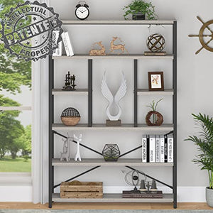 LVB Industrial 6 Tier Bookshelf, Rustic Vintage Etagere Bookcase, Gray Wood and Metal Shelf