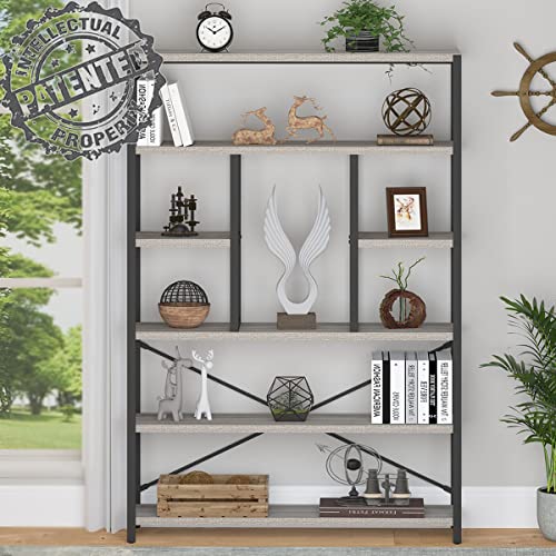 LVB Industrial 6 Tier Bookshelf, Rustic Vintage Etagere Bookcase, Gray Wood and Metal Shelf