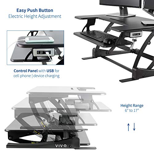 VIVO Black Electric Motor Height Adjustable 36 inch Stand up Desk Converter, Sit to Stand Tabletop Dual Monitor Riser with USB Port, DESK-V000VE